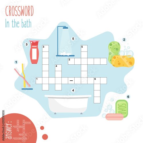 Easy crossword puzzle 'In the bath', for children in elementary and middle school. Fun way to practice language comprehension and expand vocabulary. Includes answers. Vector illustration.