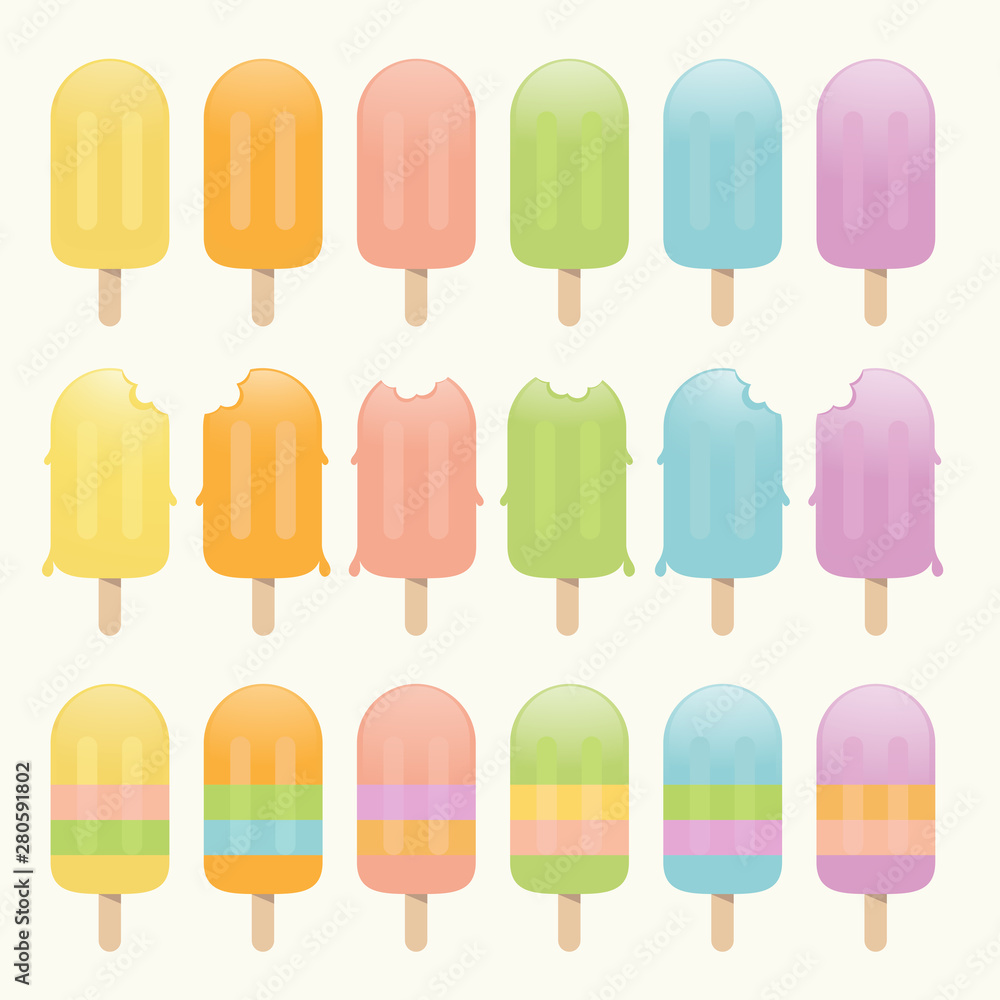 Pastel and colorful set of ice cream, cold fresh snack summer holiday dessert, vector Pastel and colorful set of ice cream, cold fresh snack summer holiday dessert, vector