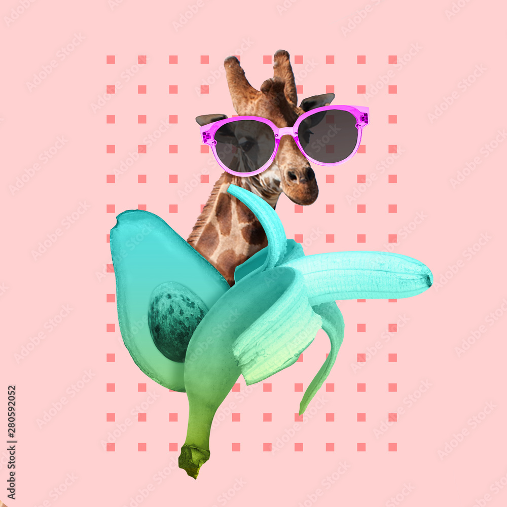 Summer vibes. Chill and resort. Jiraffe with banana and avocado on pink background. Negative space to insert your text. Modern design. Contemporary art. Creative conceptual and colorful collage. - obrazy, fototapety, plakaty 