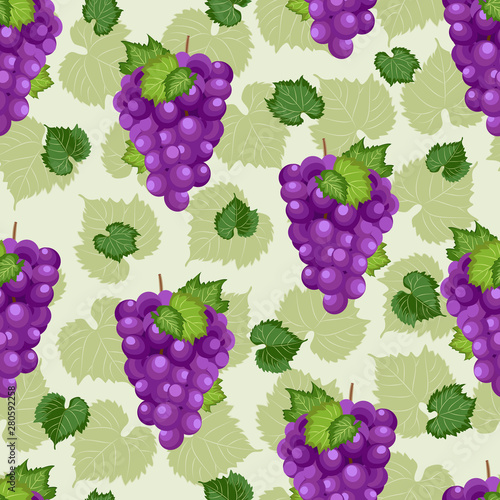 Grape bunch seamless pattern on green background with leaves and sketch, Fresh organic food, Purple grapes pattern background, Fruit vector illustration.