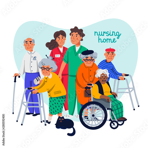Nursing home concept. Group of elderly people and social workers on white background. Senior people healthcare assistance flat Vector illustration.