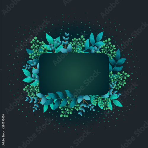 Herbal pre-made composition. Horizontal frame with leaves and branches. Summe...