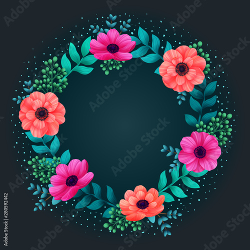 Floral circle frame. Tropical flowers trendy template. Summer Design with bea...