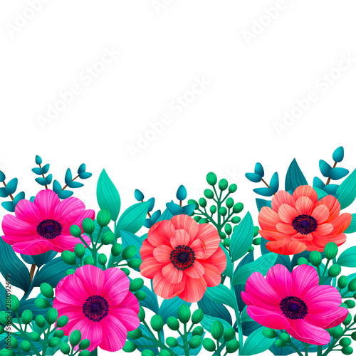 Floral template. Tropical flowers trendy summer template. Design with beautif...