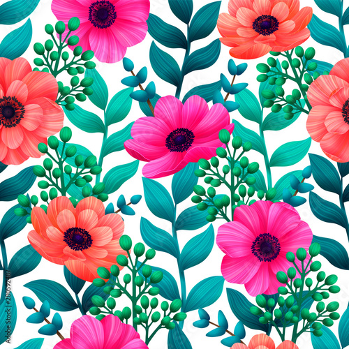 Luminous tropical seamless pattern with 3d style flowers and leaves on white ...