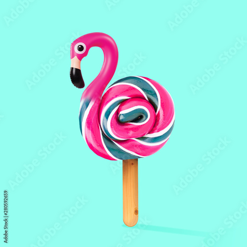 An alternative sweets. Candy as a flamingo on the wooden stick on blue background. Negative space to insert your text. Modern design. Contemporary art. Creative conceptual and colorful collage.