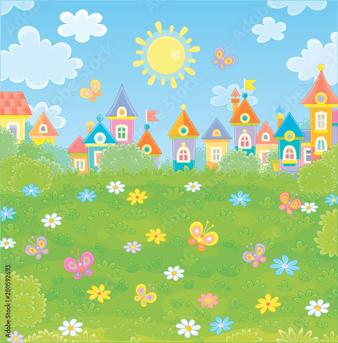 Colorful houses of a small town among green trees, flowers and flittering butterflies on a sunny summer day, vector illustration in a cartoon style