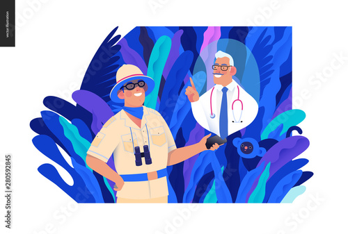 Medical insurance - online doctor service -modern flat vector concept digital illustration - a traveller man wearing bamboo helmet in the jungle talking online with a doctor, medical service metaphor