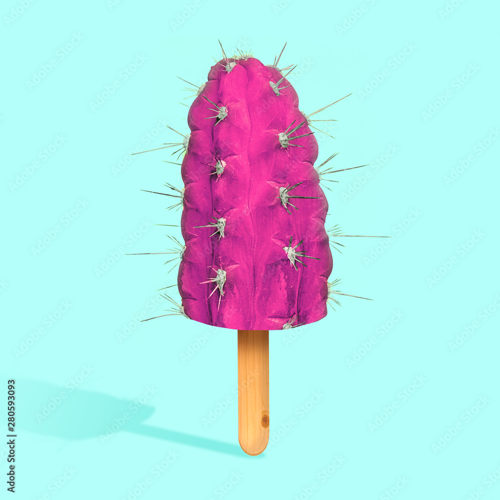 An alternative view of usual food. Icecream as a cactus on blue background. Negative space to insert your text. Modern design. Contemporary art. Creative conceptual and colorful collage. - obrazy, fototapety, plakaty 