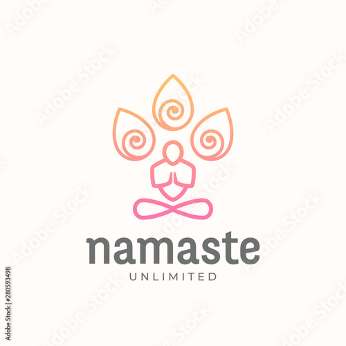 Yoga Namaste Concept Abstract Vector Linear Style Sign or Logo Template. Meditating Person Silhouette with Limitless Symbol and Typography.