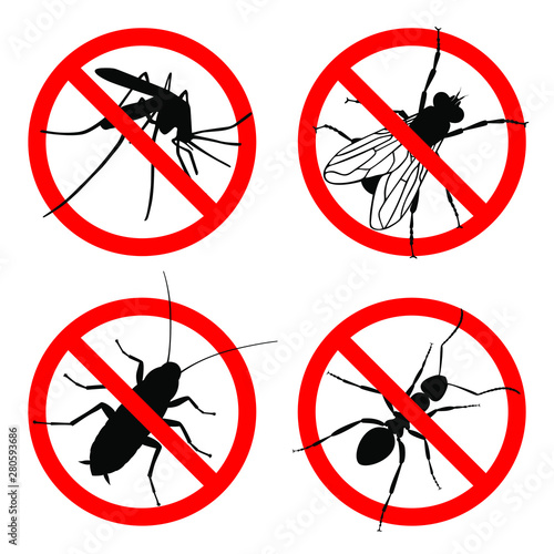 Warning sign NO INSECTS. Prohibited sign. Set icons: NO MOSQUITOES, NO FLIES, NO COCKROACHES, NO ANTS. Symbol for informational and institutional sanitation and related care. Vector illustration