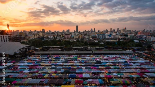 TD, Night market called train night market Ratchada at evening to night TL D2N bird eye view, people can enjoy many street food, located at back of Esplanade Ratchadapisek Department store, Bangkok photo