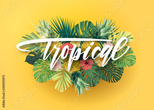 Green and yellow summer tropical background with exotic monstera palm leaves and hibiscus flowers. White handlettering with 3d effect. Vector floral illustration.