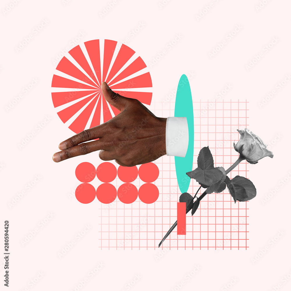 Taking a target. Male's hand with rose on pink background. Negative space to insert your text. Modern design. Contemporary art. Creative conceptual and colorful collage. - obrazy, fototapety, plakaty 