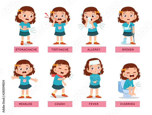 kids sick unhealthy vector illustration