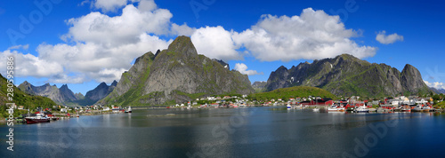 Scenic panoramic view of Reine area, Lofoten Islands in Norway