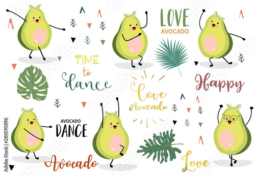 Funny avocado object collection with leaf,avocado exercise,gold geometric.Included love,happy,dance wording