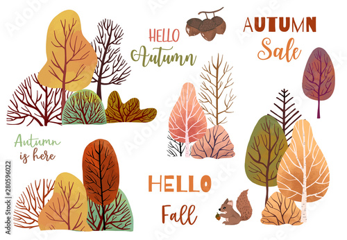 Autumn object set with dry tree,squirrel,acorn,leaves.Illustration for sticker,postcard,invitation,element website.Included hello autumn and autumn sale wording