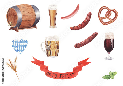 Hand drawn watercolor illustration set octoberfest design elements isolated on white background