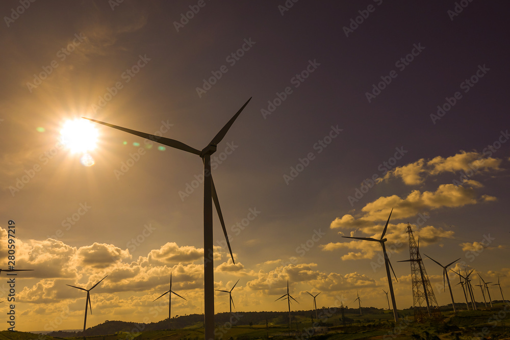 Obraz premium Wind turbine farm from clean energy. Wind power for electricity.