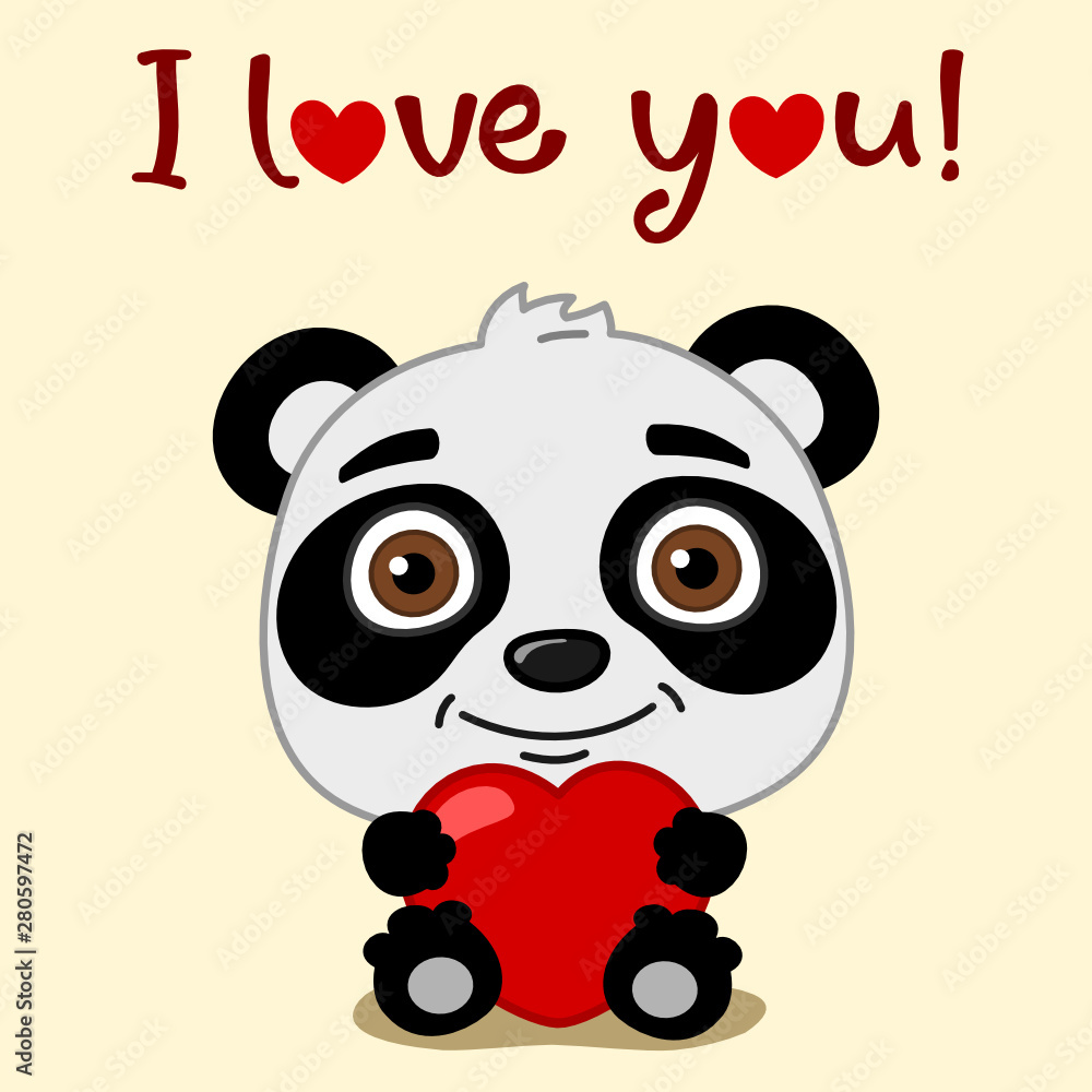 Cute Panda bear with red heart in paws and text I love you ...
