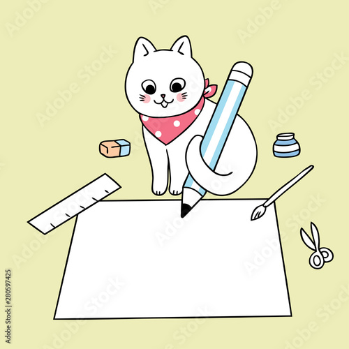 Cartoon cute back to school cat writing paper vector.