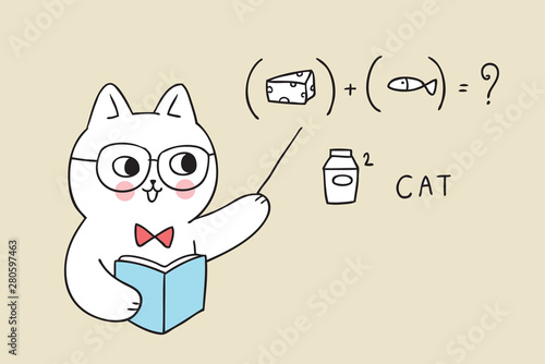 Cartoon cute back to school teacher cat leaning vector.