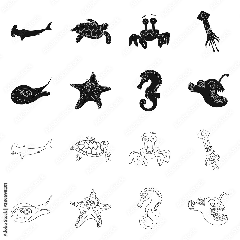 Isolated object of sea and animal symbol. Set of sea and marine stock vector illustration.