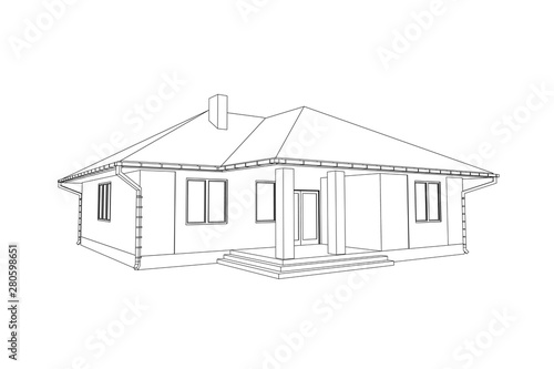 Building perspective 3D. Drawing of the suburban house. Outlines cottage on white background. House 3D model perspective vector. Modern cottage blueprint. EPS 10. 