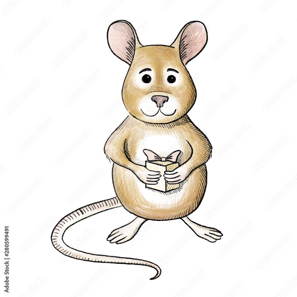 Cute mouse with gift box. Hand drawn rat, cartoon style character. 2020  happy Chinese new year holiday symbol. Smiling personage illustration for  birthday celebration greeting card. Stock Illustration | Adobe Stock