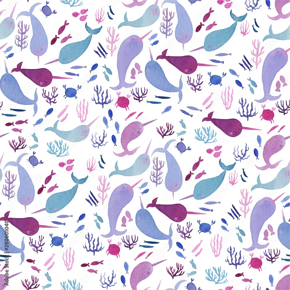Cute unicorn whales pattern, perfect for kids clothes, wallpapers and cards. Cute unicorn whales pattern, perfect for kids clothes, wallpapers and cards.