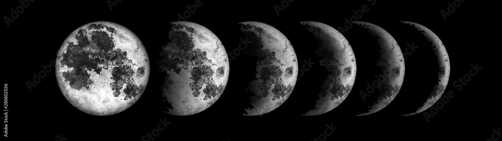 Fototapeta premium Moon phases isolated on black background. Watercolor hand drawn illustration.