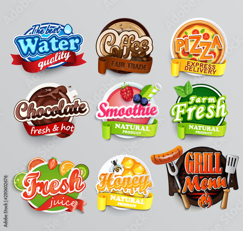Set of food and drink stickers. Labels and logos for water, coffee, pizza, chocolate, smoothie, farm fresh, juice, honey and grill. Great for advertise, flyers, promo. Vector illustration.