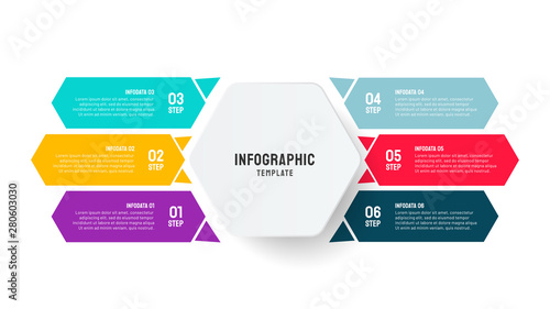 Vector Hexagon infographic with 6 options. Process chart design element with paper.  © Ammus19