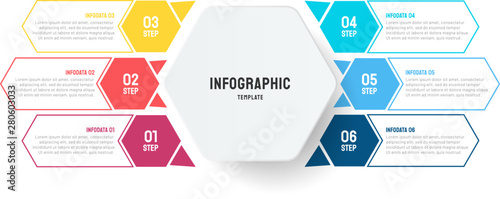 Vector Hexagon infographic with 6 options. Process chart with thin line flat design editable. 