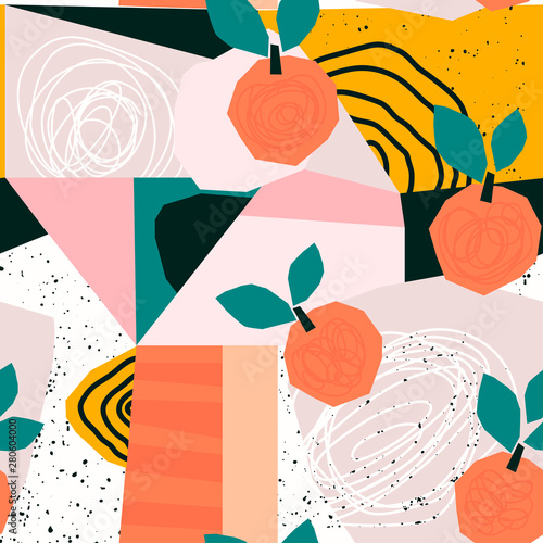Hand drawn peaches and various shapes, spots, dots and lines. Different colors. Abstract contemporary seamless pattern. Modern patchwork illustration in vector