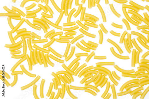 Lot of whole raw pasta macaroni flatlay isolated on white background