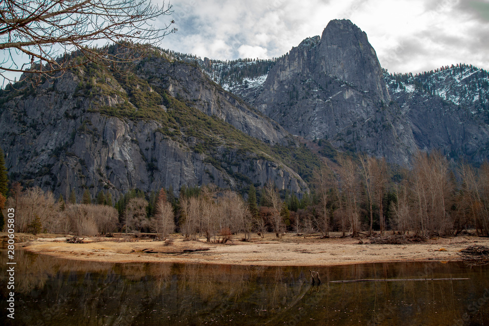 View of landscape in reflect water at Yosemite National Park in the winter