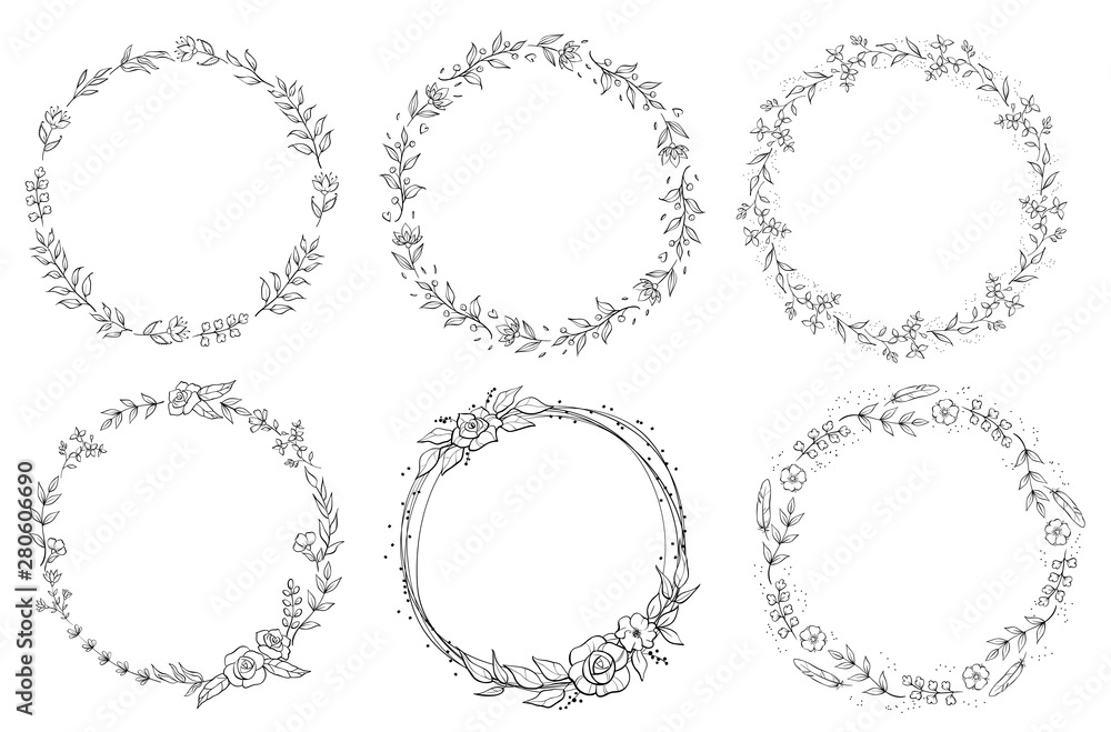 Floral black and white Frame Collection in line style. Set of cute retro leaf arranged un a shape of the wreath