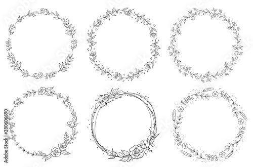 Floral black and white Frame Collection in line style. Set of cute retro leaf arranged un a shape of the wreath