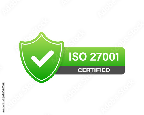 ISO 27001 Certified badge, icon. Certification stamp. Flat design vector.