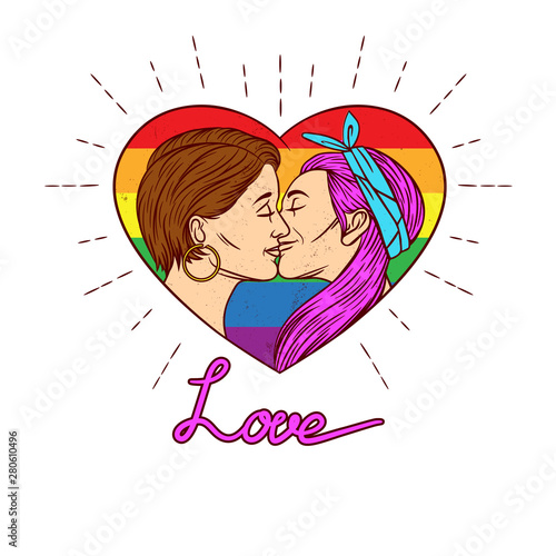 Vector illustration with rainbow background. Vector banner of a homosexual couple is kissing. Two young women kissing each other inside the heart shape frame with typing "love". Happy pride day banner