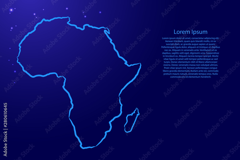 Africa map from the contour blue brush lines different thickness and glowing stars on dark background. Vector illustration. Africa map from the contour blue brush lines different thickness and glowing stars on dark background. Vector illustration.