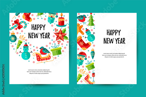 Merry Christmas and Happy New Year card vector illustration set. Place for text. Great for New Year party invitation, christmas fair, flyer, banner, poster. Flat and line style design.