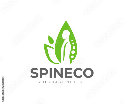 Spine treatment logo design. Orthopedic spine center vector design. Human with vertebrae spine and green leaves logotype