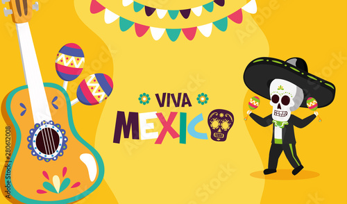 skeleton with maracas guitar celebration viva mexico