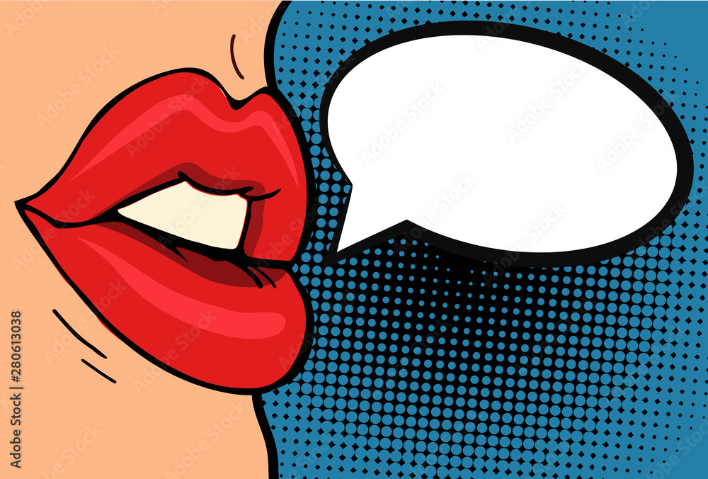 Pop art retro comic style vector illustration. Close up woman's talking. Red lips. Speech bubble 