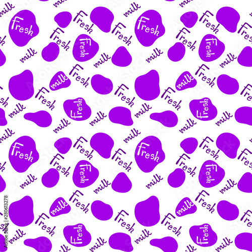 Vector illustration, cow spots seamless pattern. Violet color, "Fresh milk" hand drawn lettering