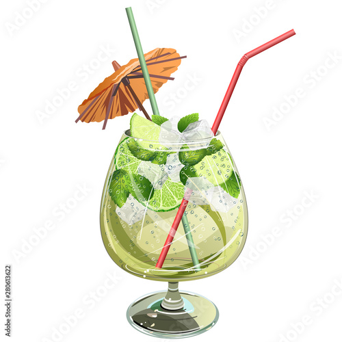 Mojito cocktail in glass with ice, mint leaves, straw and decoration. Realistic vector illustration isolated on white background.