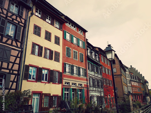 Colorful wooden building facade in Strasbourg old city, France, Alsace. Historic town traditional house